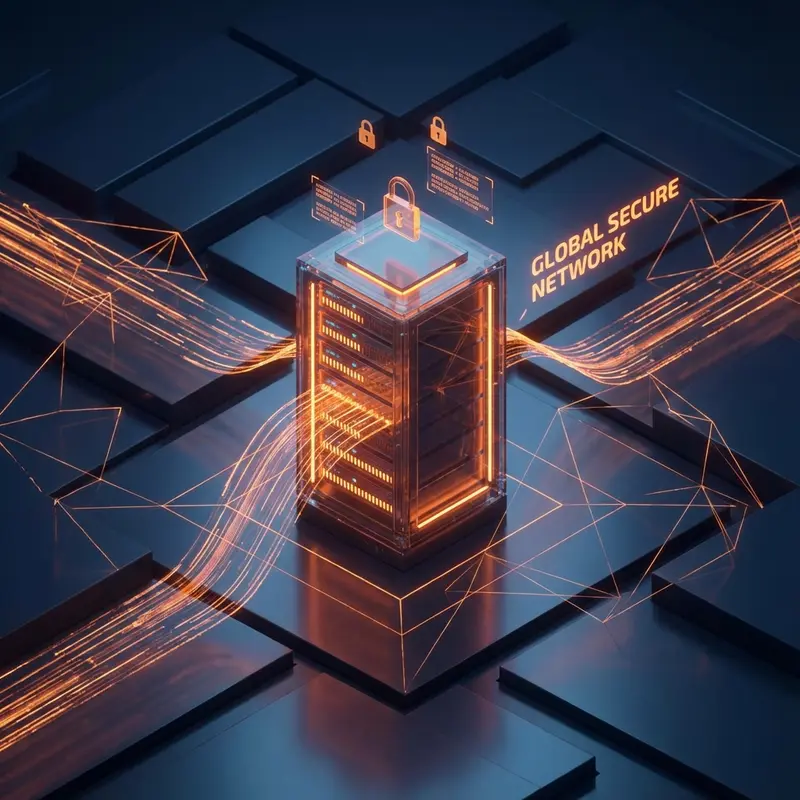 Illustration of a glowing secure network tower with light trails across a dark grid