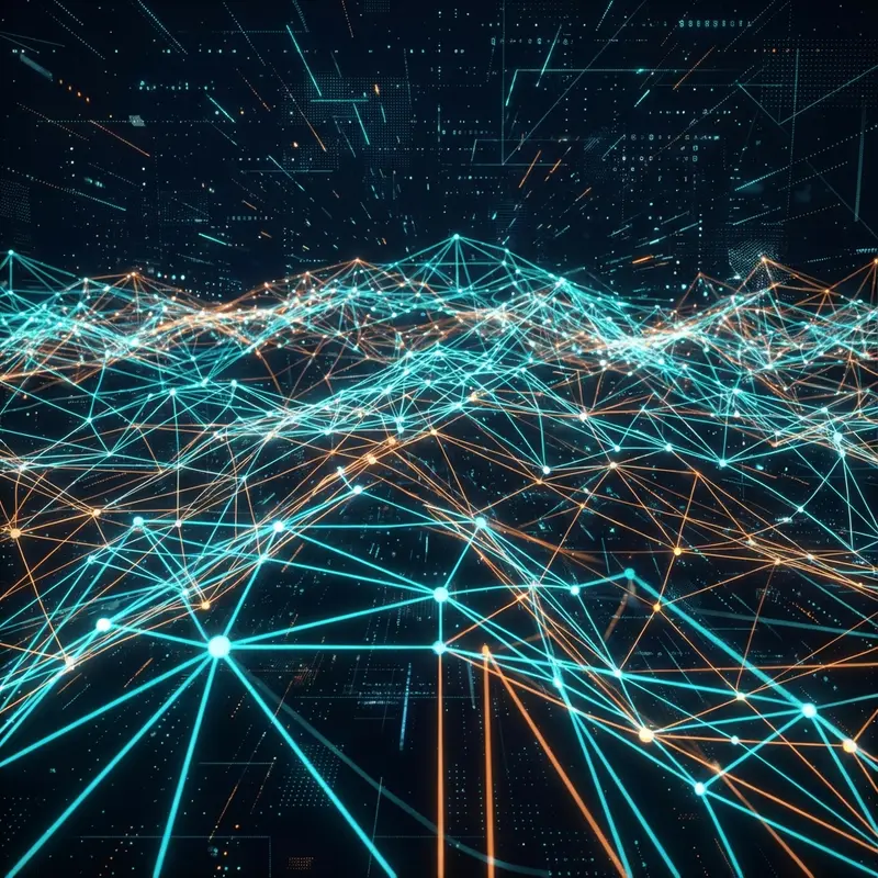 Illustration of a glowing wave of connected network lines in teal and orange
