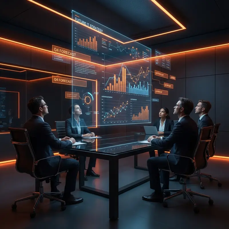 Illustration of a team around a glass table reviewing glowing data dashboards