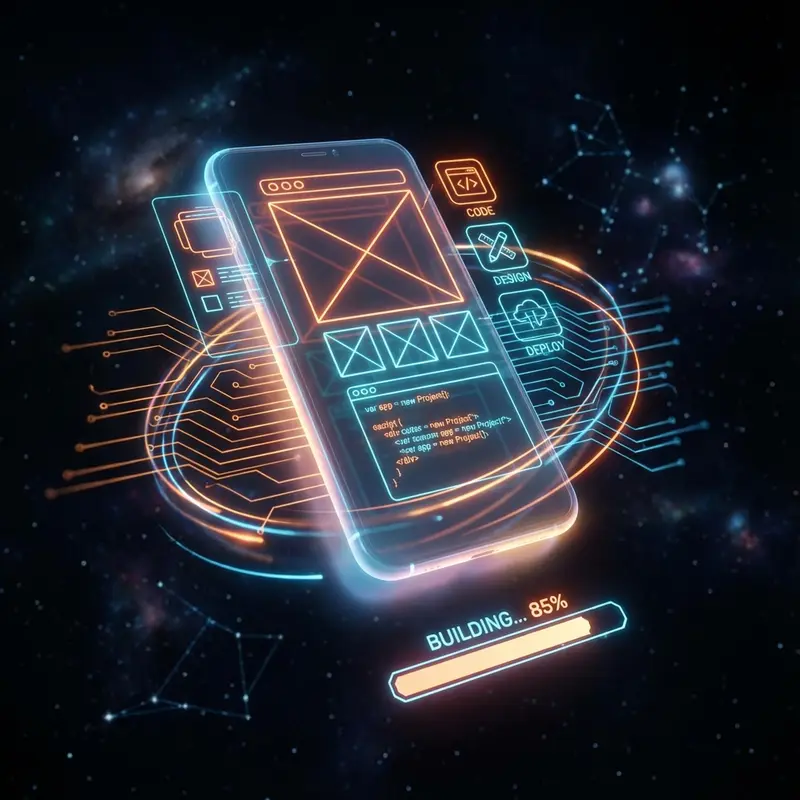 Illustration of a glowing phone interface wireframe with orbiting rings